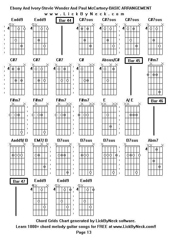 Chord Grids Chart of chord melody fingerstyle guitar song-Ebony And Ivory-Stevie Wonder And Paul McCartney-BASIC ARRANGEMENT,generated by LickByNeck software.